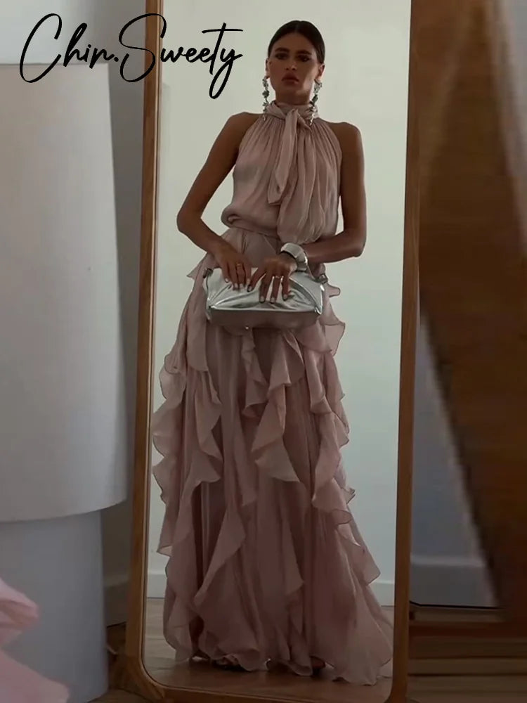 Women's Cascading Ruffle Lace-Up Long Dress