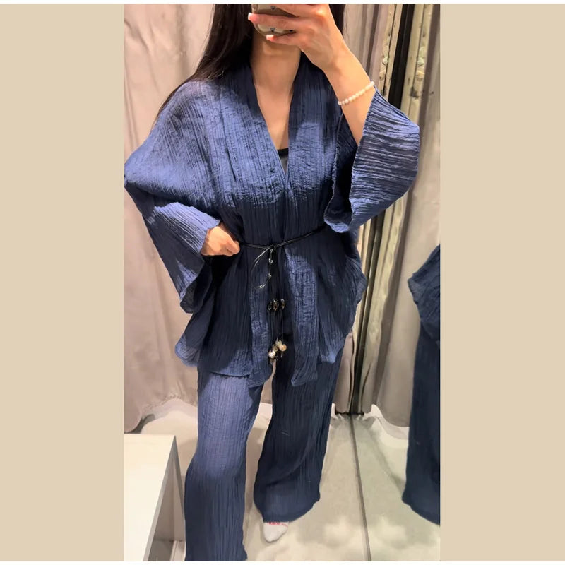 Casual Pleated Cardigan Pants Set V-neck Drop Shoulder Flared Sleeves Belt Waist Shirt Wide Leg Pants 2026 Chic Lightweight Sets