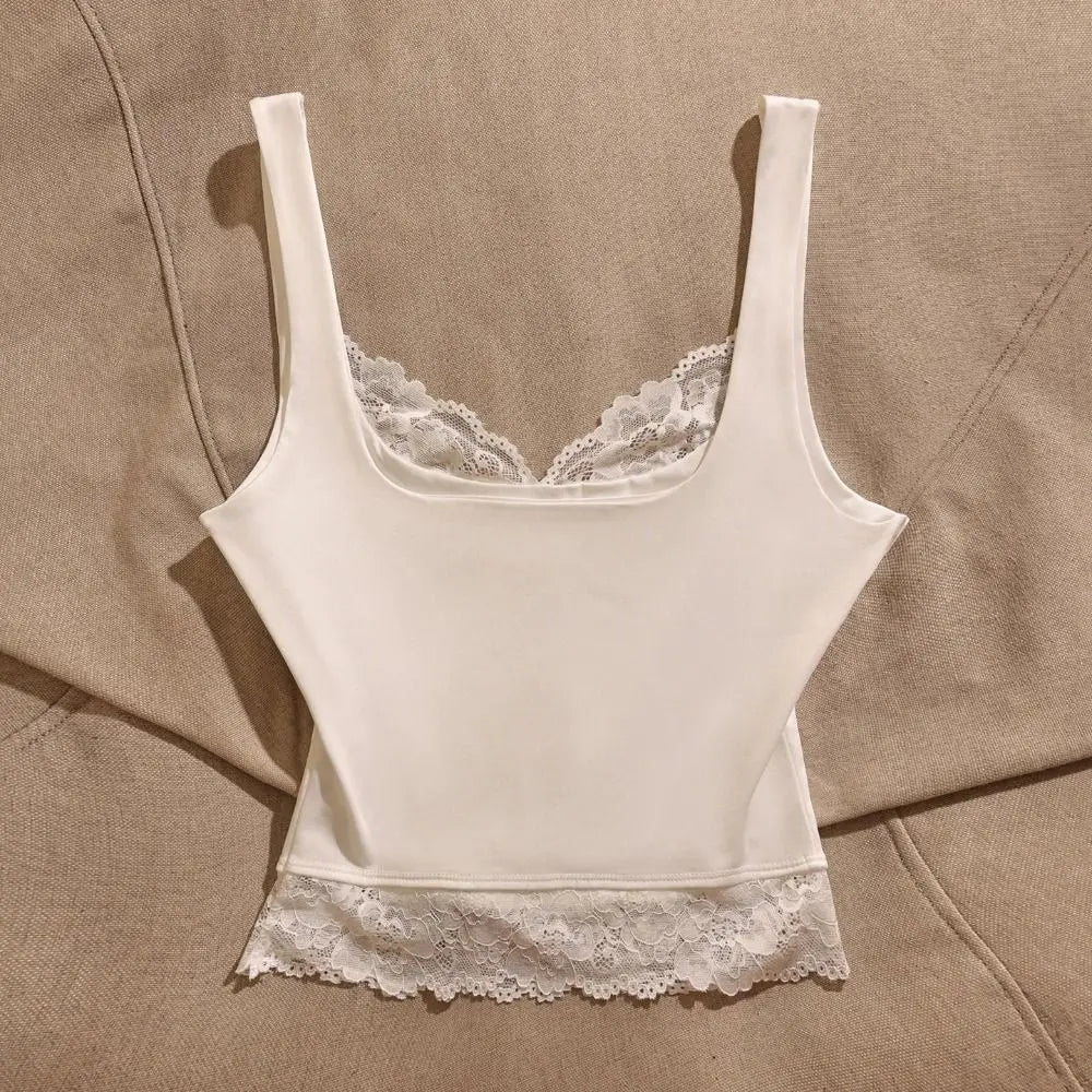 Ins Style Sleeveless Slim Lace Crop Top Solid Color V-neck Lace Sling Tank Bottoming Shirt Patchwork Spaghetti Y2k Top Summer