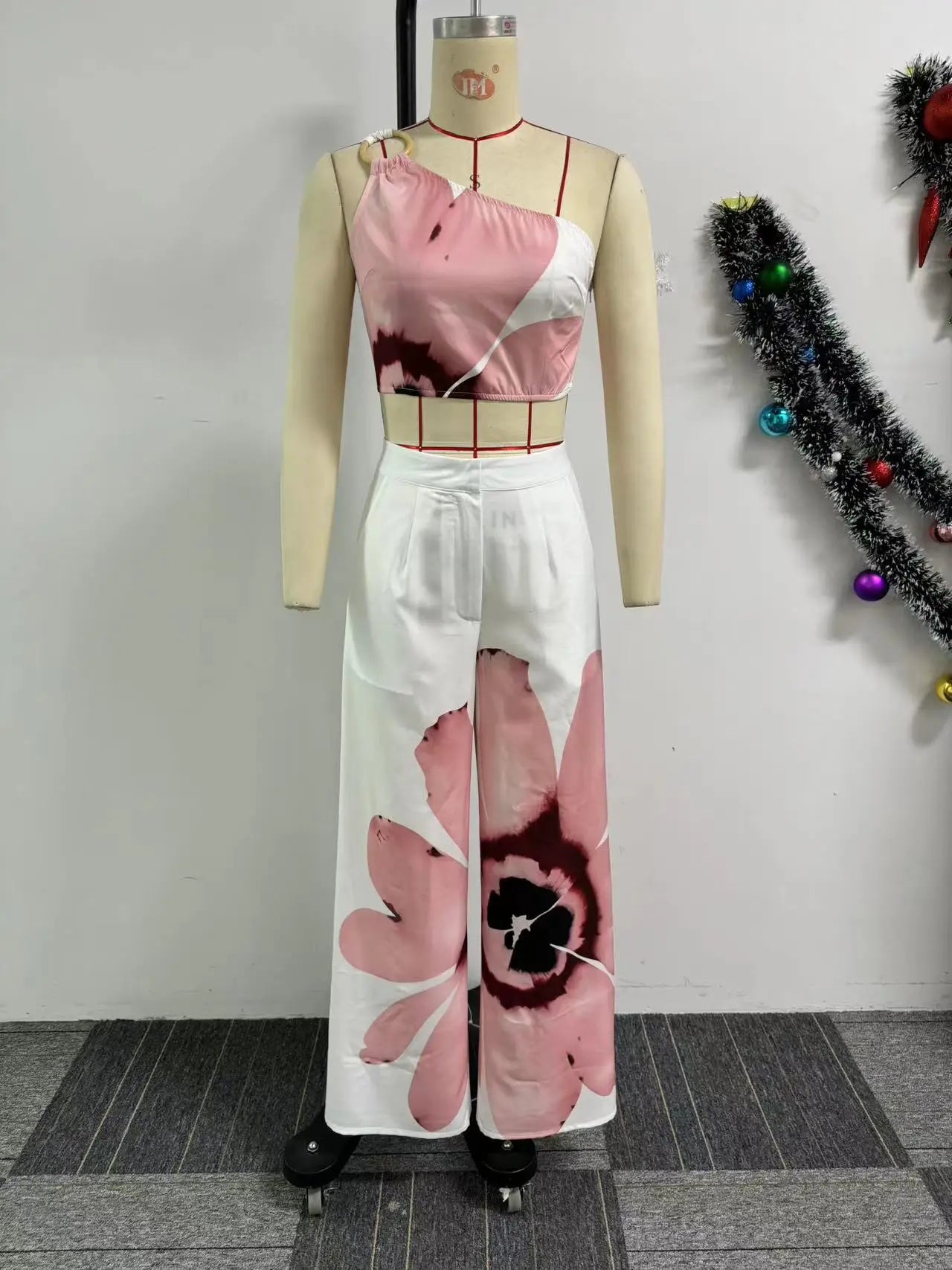 Matching Sets Wide Leg Full Length Pant Sexy Print One Shoulder Tops Pullover Pant Sets Loose Pockets High Street Spliced