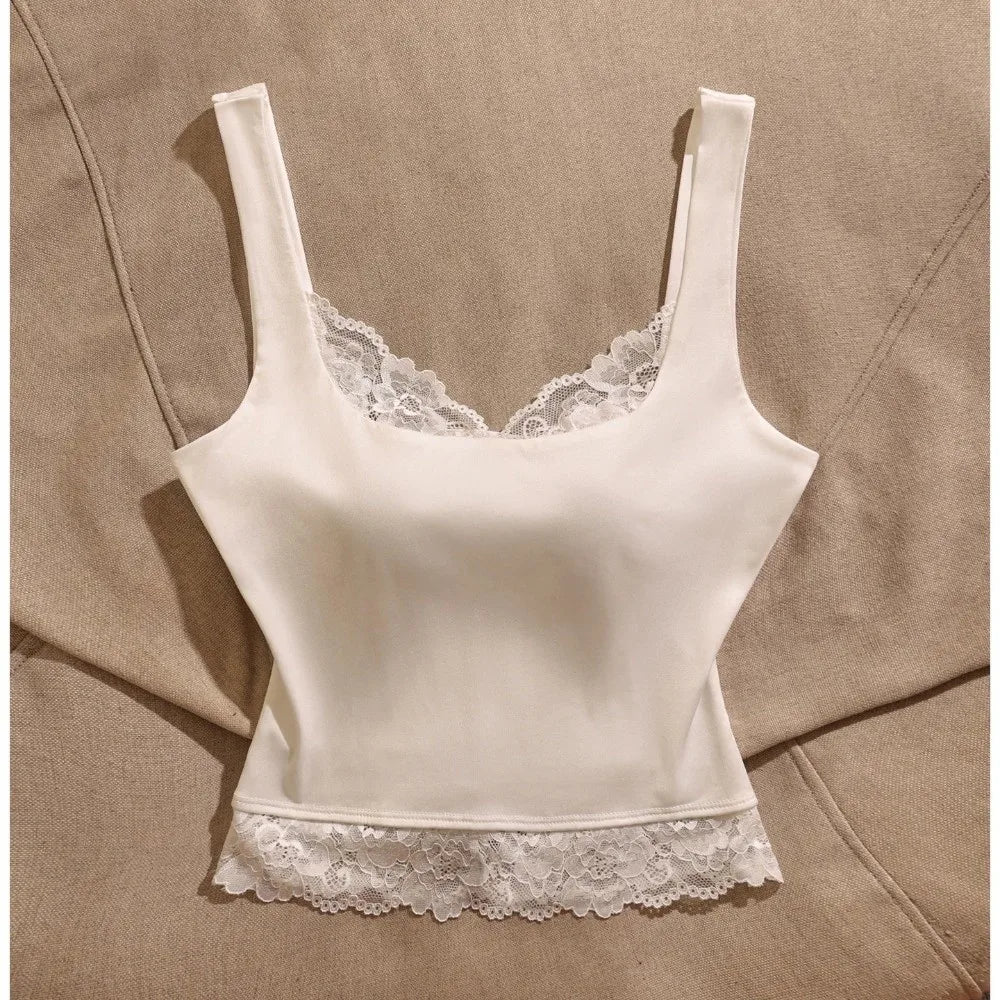 Ins Style Sleeveless Slim Lace Crop Top Solid Color V-neck Lace Sling Tank Bottoming Shirt Patchwork Spaghetti Y2k Top Summer