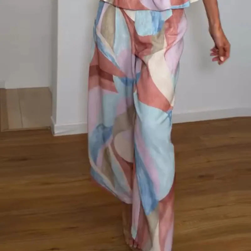 Women's Pastel Print Cami Top and Wide Leg Pants Set
