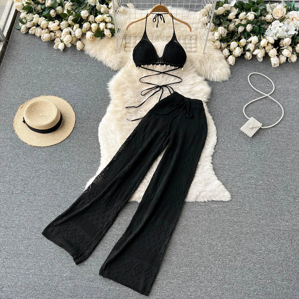 SINGREINY Women Summer Design Knitted Set Sexy Backless Halter Short Tops+Chic Hollow Knitted Wide Leg Long Pants Two Piece Suit