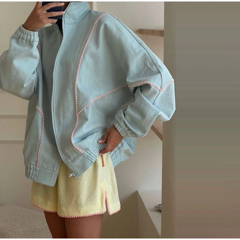 Women's Denim Stand Collar Bomber Jacket