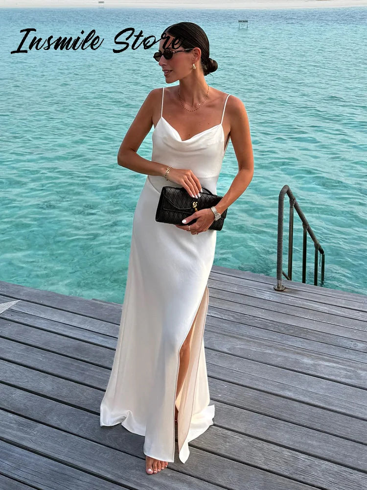 Women's Backless Satin V-Neck Sling Sundress