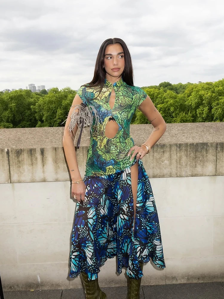 Jungle Butterfly Print High Slit Midi Dress