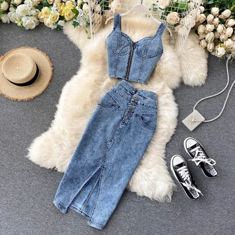 Women's Denim Top and Midi Skirt 2-Piece Set