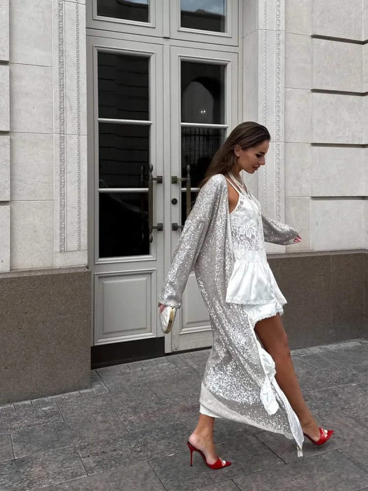 2026 Autumn Sequined Women Long Jacket Urban Full Sleeve Lining Pleated V-neck Cardigan Female Streetwear Fashion Lady Outwear