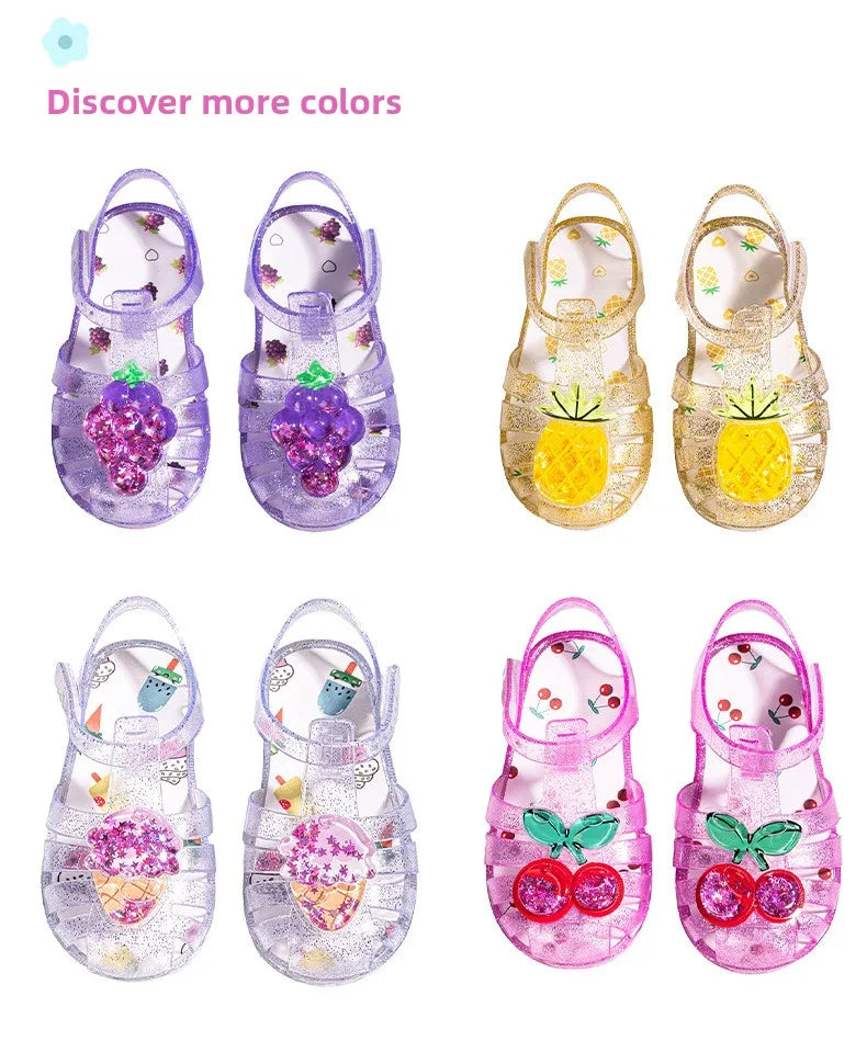 2026 Children's Transparent Crystal Jelly Sandals Soft Non-Slip Sole Princess Roman Style for Summer Cute Kids Footwear