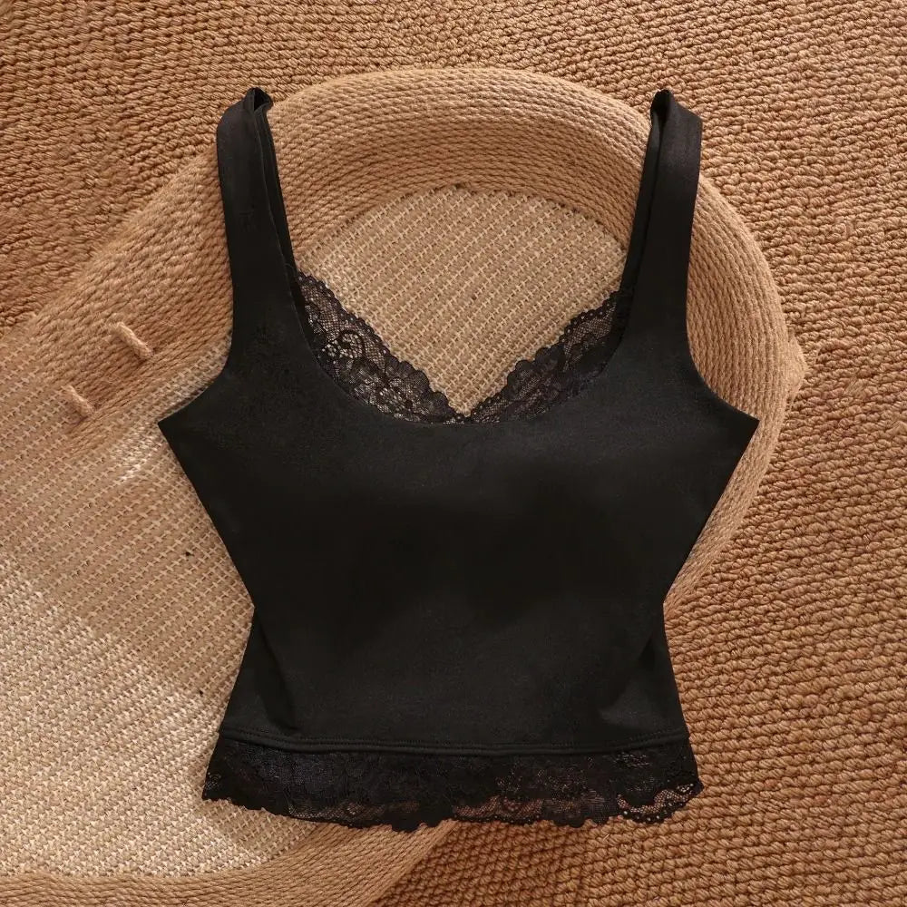 Ins Style Sleeveless Slim Lace Crop Top Solid Color V-neck Lace Sling Tank Bottoming Shirt Patchwork Spaghetti Y2k Top Summer
