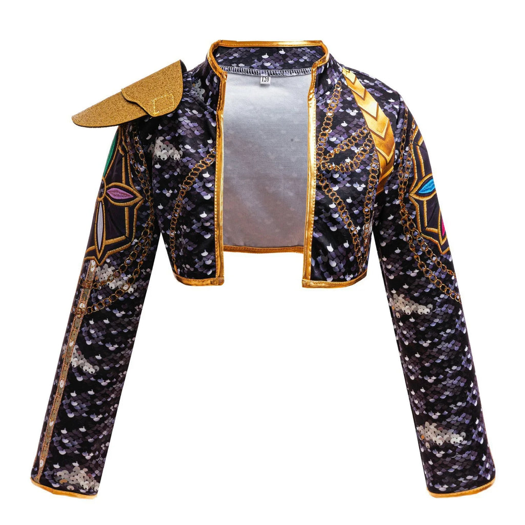 Girls Sequin Hip Hop Dance Outfit Set Crop Top Jacket Shorts with Purple Braid Wig Kids Jazz Stage Costume