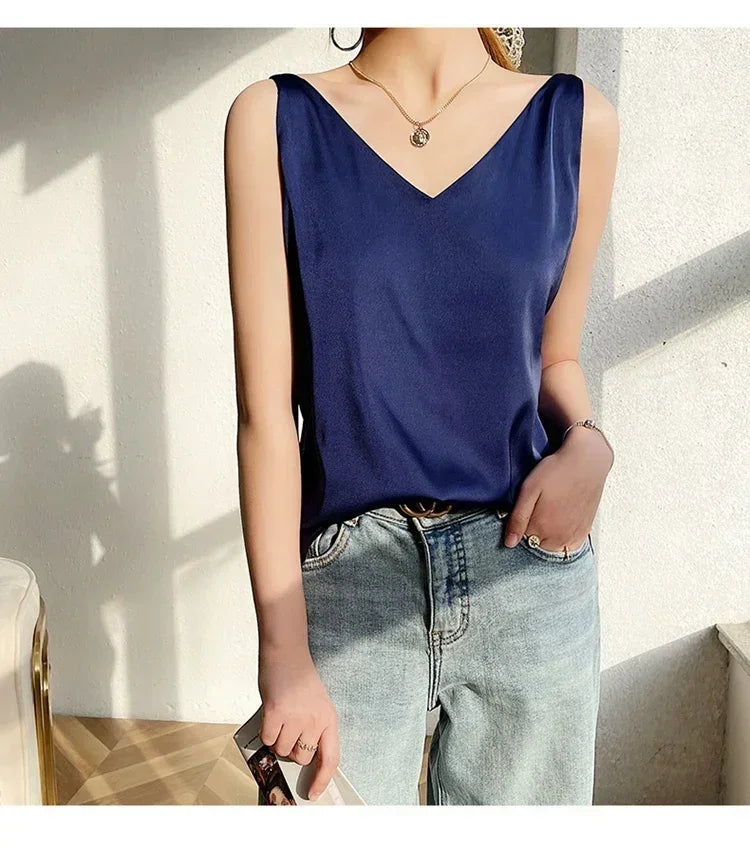 Summer New Silk Top Special Offer Sexy Strap Women's V-neck Printed Letter Tank Top Korean Fashion Solid Color Thin T-shirt