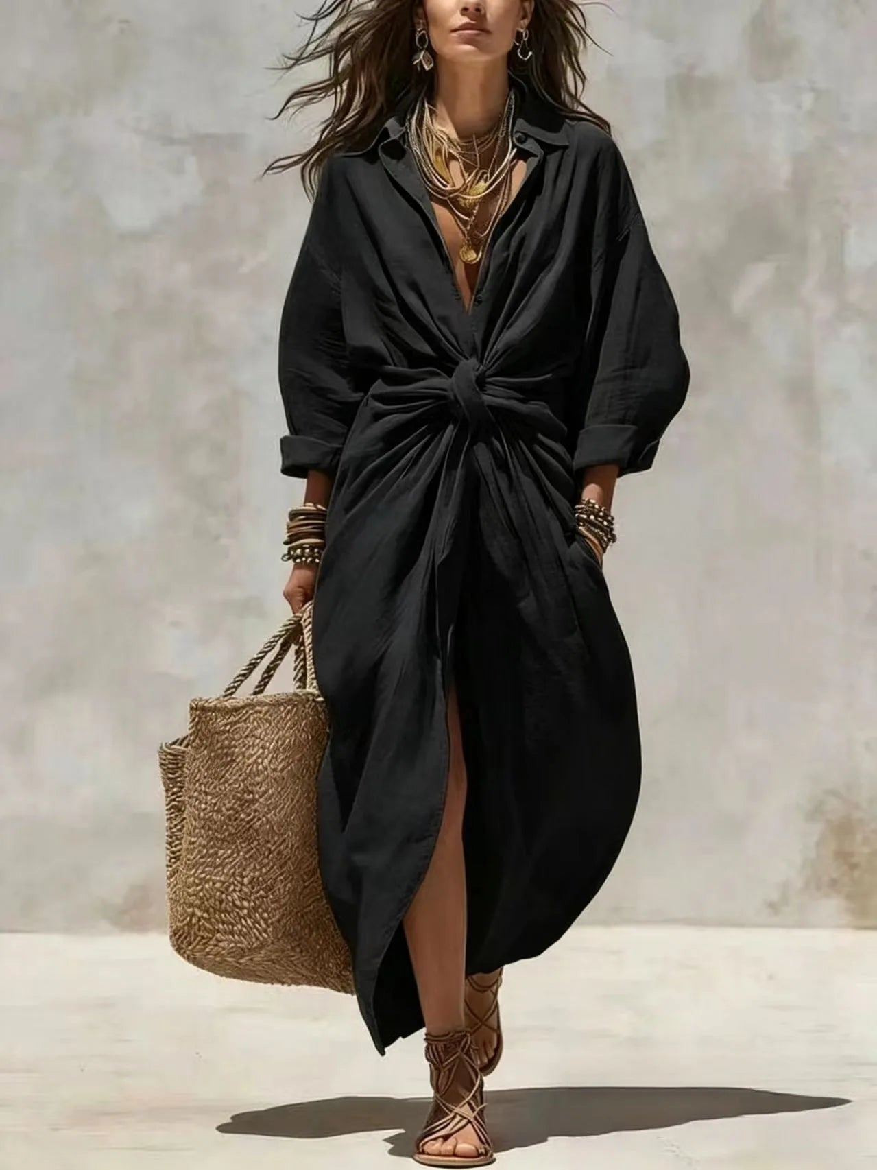 Women's Boho Linen Maxi Shirt Dress