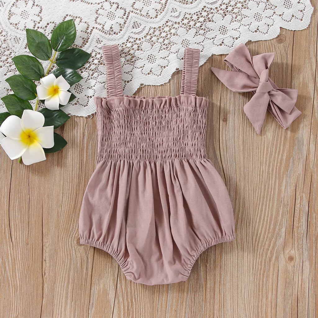 Citgeett Summer Infant Baby Girls Jumpsuit Outfit Solid Color Casual Sleeveless Suspender Jumpsuit Headband Clothes