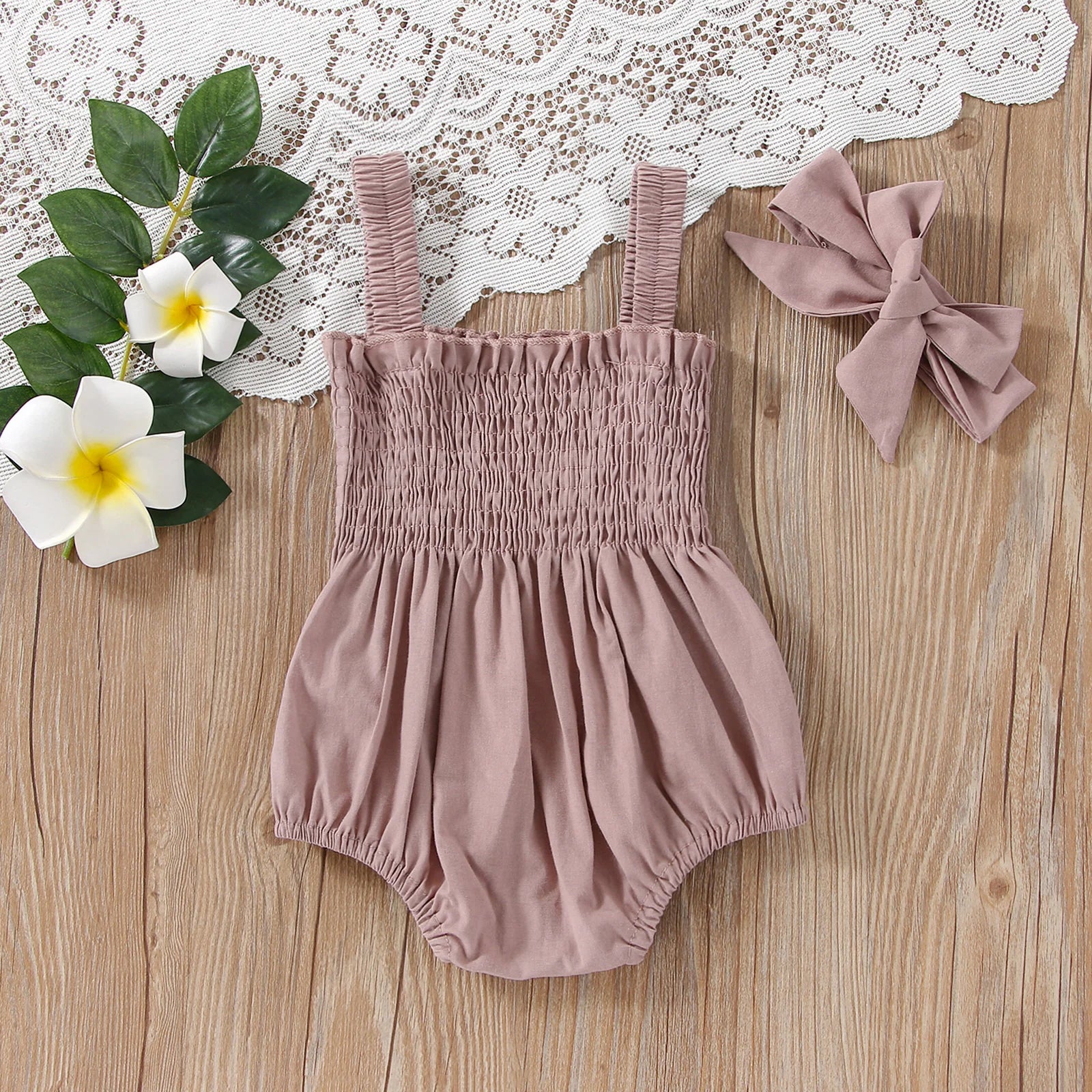 Citgeett Summer Infant Baby Girls Jumpsuit Outfit Solid Color Casual Sleeveless Suspender Jumpsuit Headband Clothes