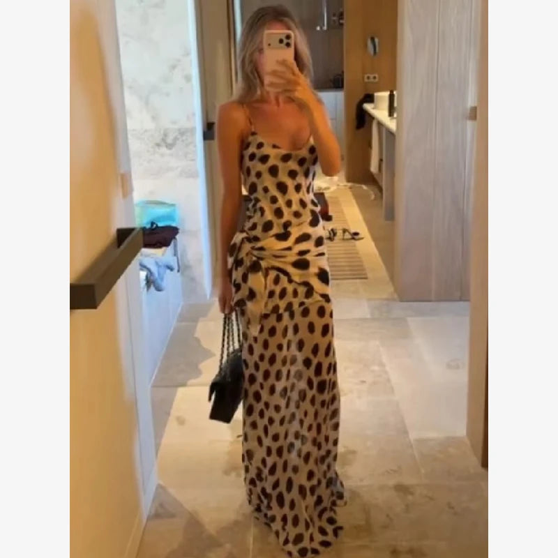 Women's Dot Print Long Sleeve Split Midi Dress