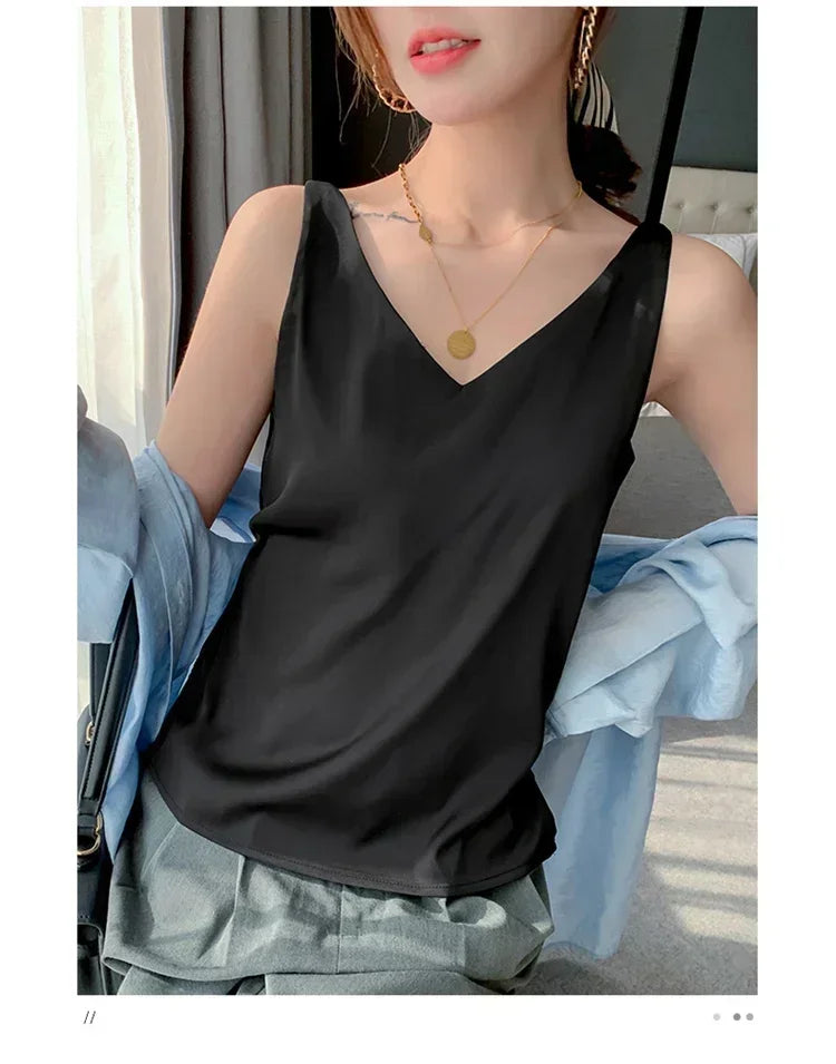 Summer New Silk Top Special Offer Sexy Strap Women's V-neck Printed Letter Tank Top Korean Fashion Solid Color Thin T-shirt