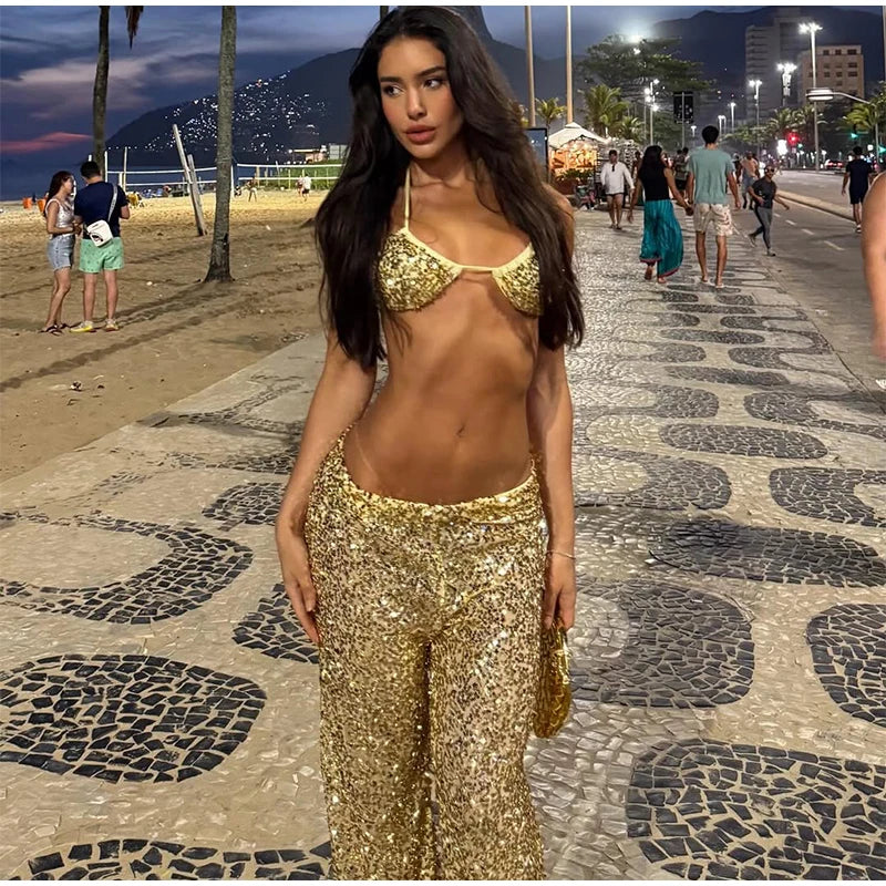 Women's Sequin Halter Top and Wide Leg Pants Set