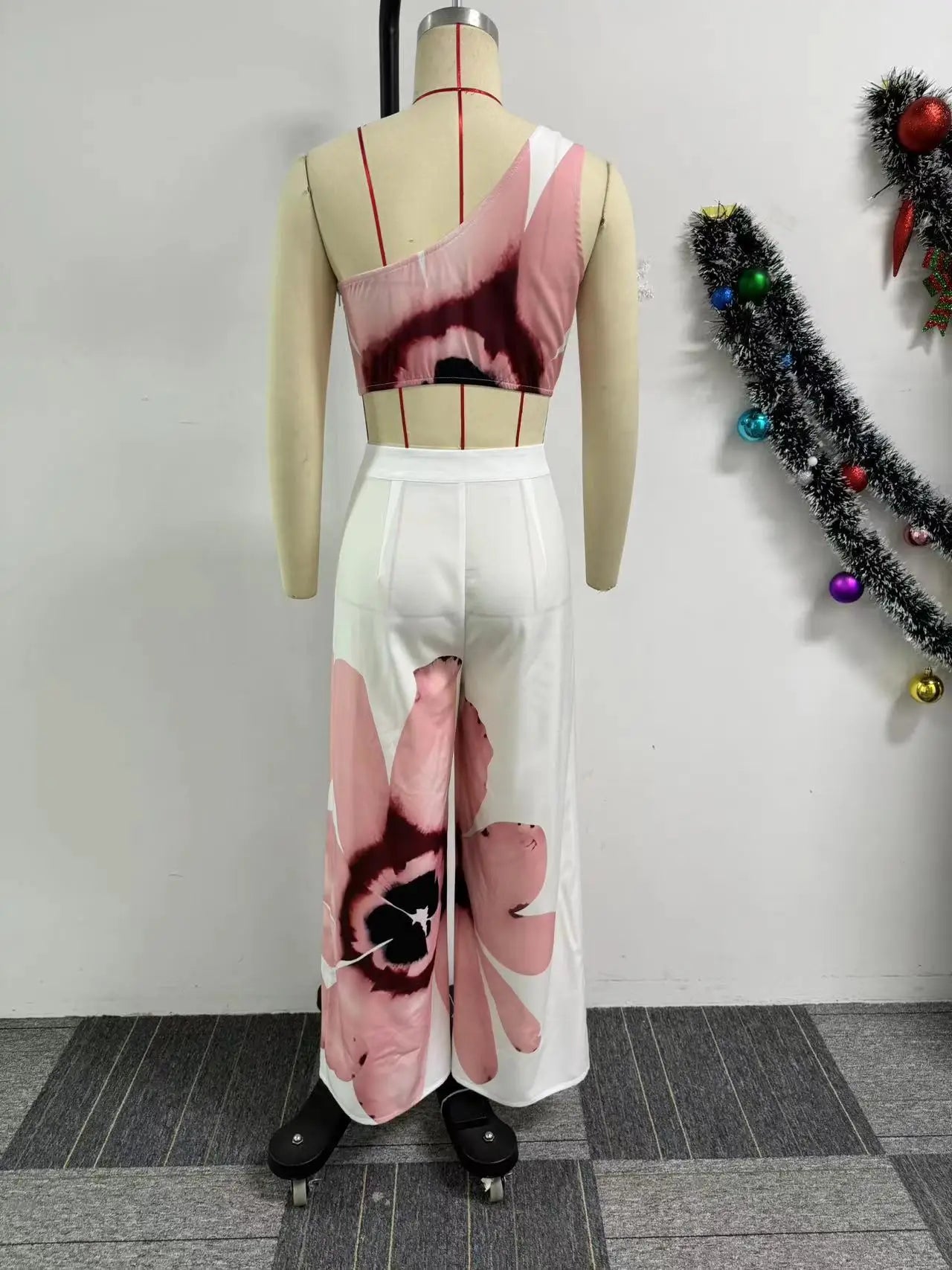 Matching Sets Wide Leg Full Length Pant Sexy Print One Shoulder Tops Pullover Pant Sets Loose Pockets High Street Spliced