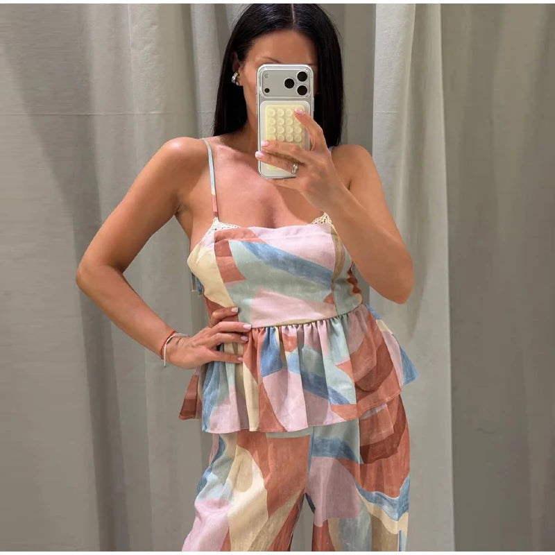 Women's Pastel Print Cami Top and Wide Leg Pants Set