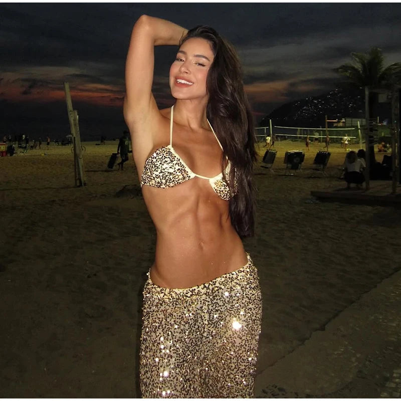 Women's Sequin Halter Top and Wide Leg Pants Set