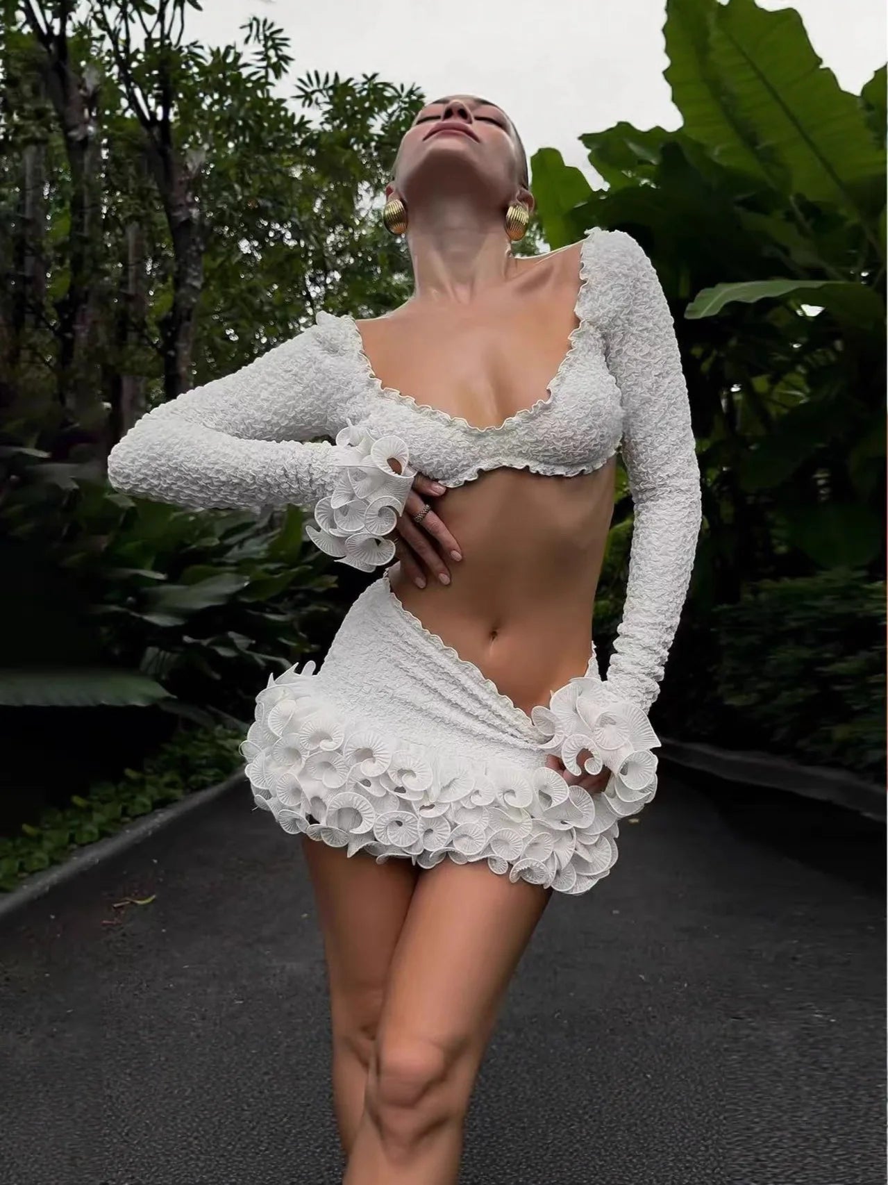 Women's White Ruffle Crop Top and Skirt Set