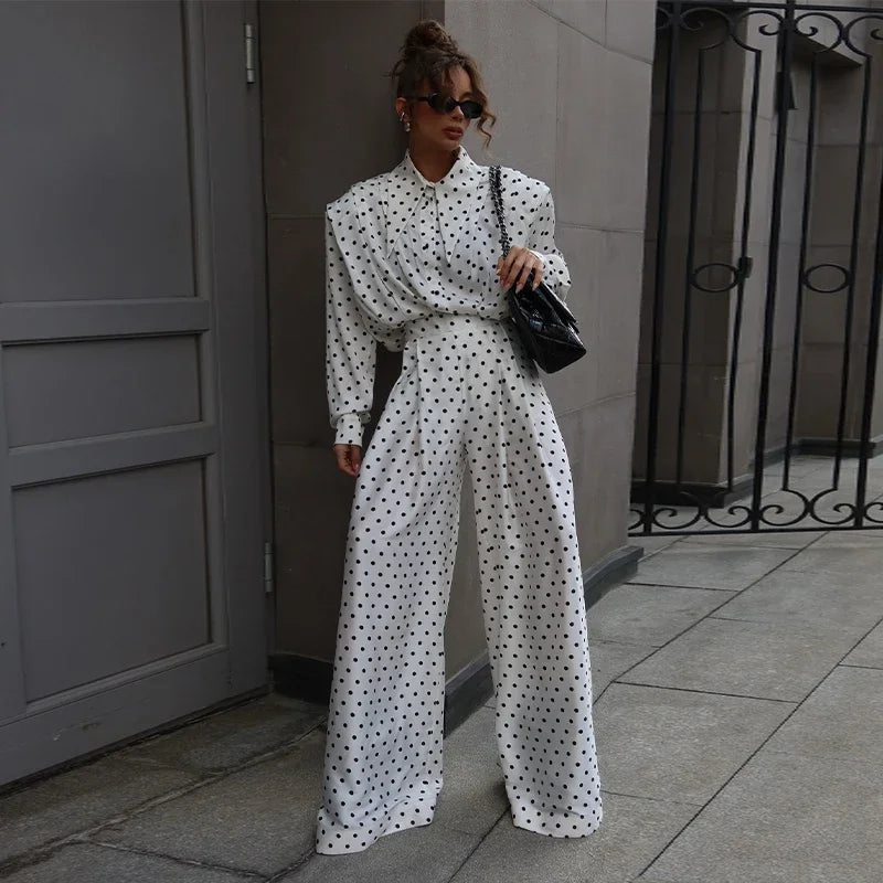 Women's Dot Shirt and Wide Leg Pants Set