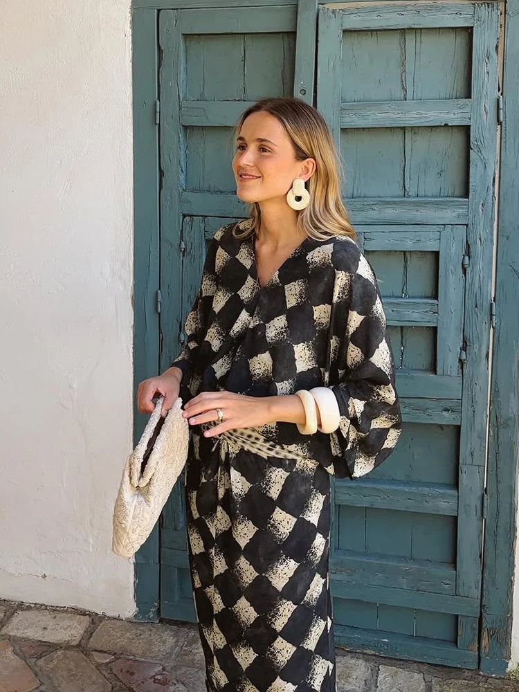 Women's Plaid Batwing Sleeve Maxi Dress