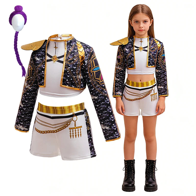 Girls Sequin Hip Hop Dance Outfit Set Crop Top Jacket Shorts with Purple Braid Wig Kids Jazz Stage Costume