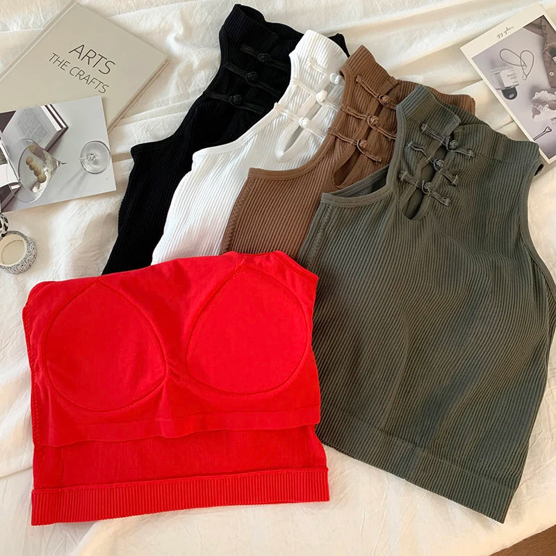 ITOOLIN Elegant Women Chinese Button Tank Tops With Bra Pad O-Neck  Sleeveless Tank Tops For Women Sexy Crop Tops All-Match 2024
