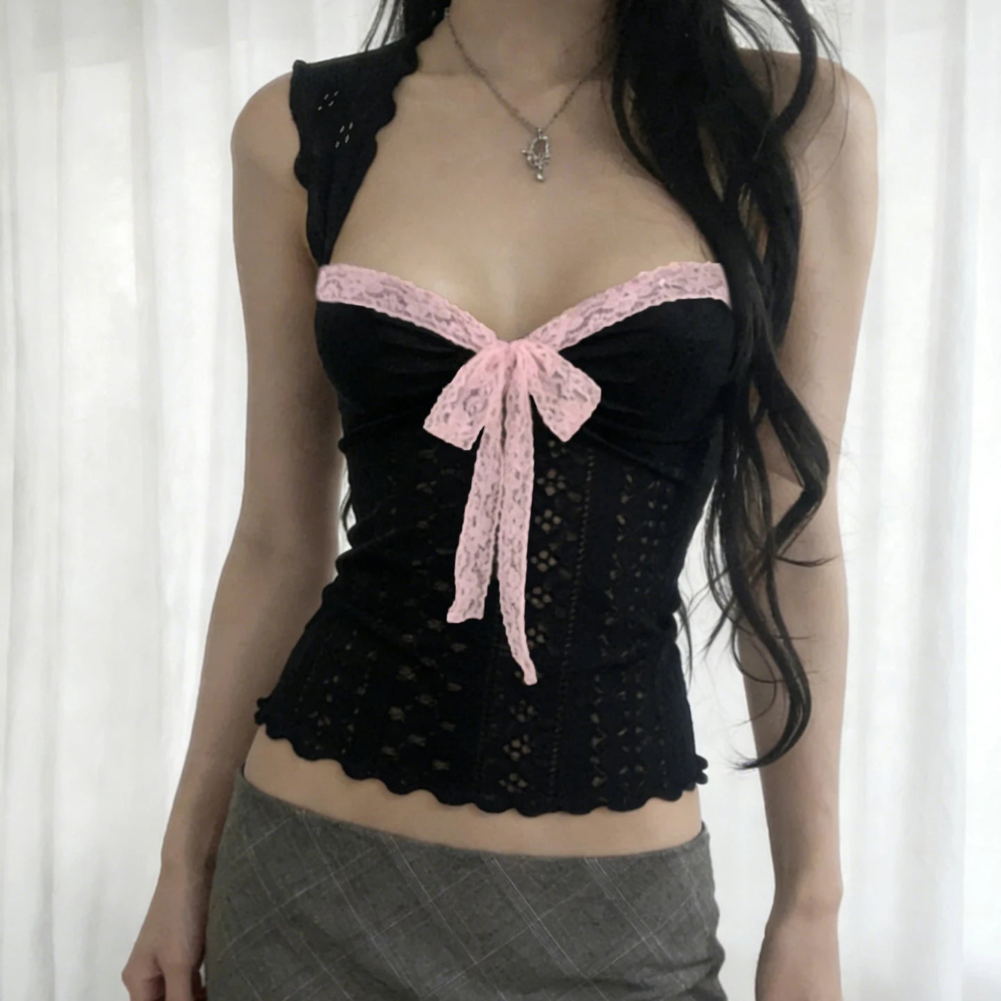 Sweet Lace Bow Knit Tank Top Women Spring Summer Coquette Y2K Sleeveless Crop Top Sexy Cute Cami Top Korean Style Vest