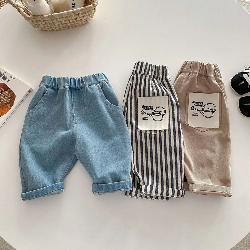 New Autumn Kids Tapped Casual Striped Pants 0-5T Girls Boys Fashion Stripe Trousers Children Solid Denim Jeans Britches