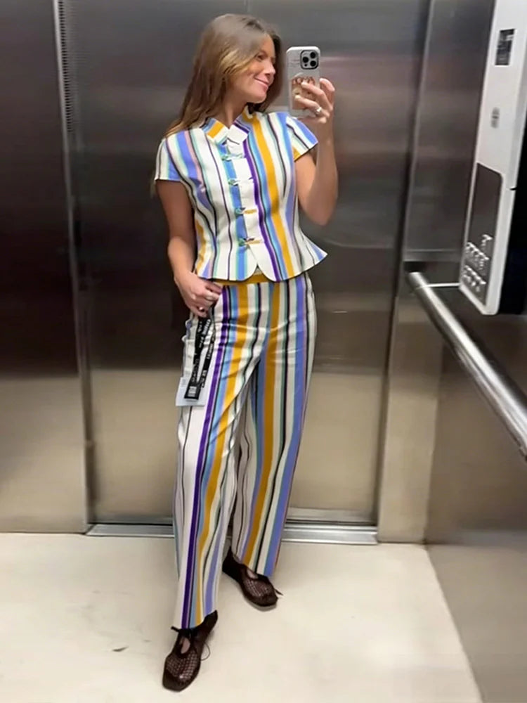 Women's Matching Sets Color Stripe Mandarin Collar Crop Top Straight Pants Set Vintage Blouse Casual Vacation Outfit Summer Suit