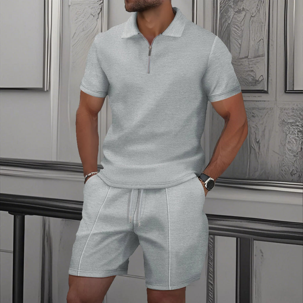Men's Comfortable Short-Sleeved Waffle Polo Shirt And Shorts Set - Breathable Lightweight Spring/Summer Clothing