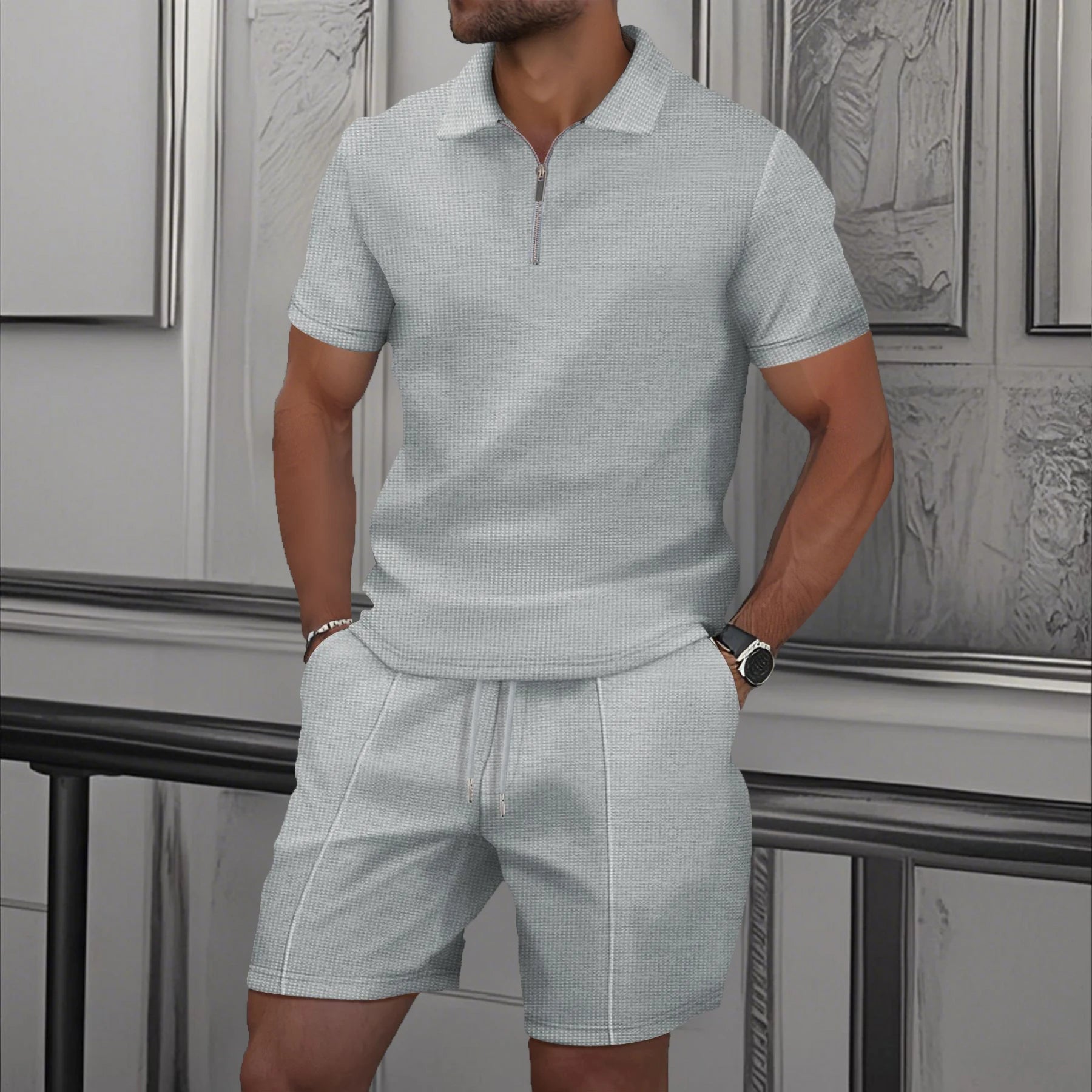 Men's Comfortable Short-Sleeved Waffle Polo Shirt And Shorts Set - Breathable Lightweight Spring/Summer Clothing