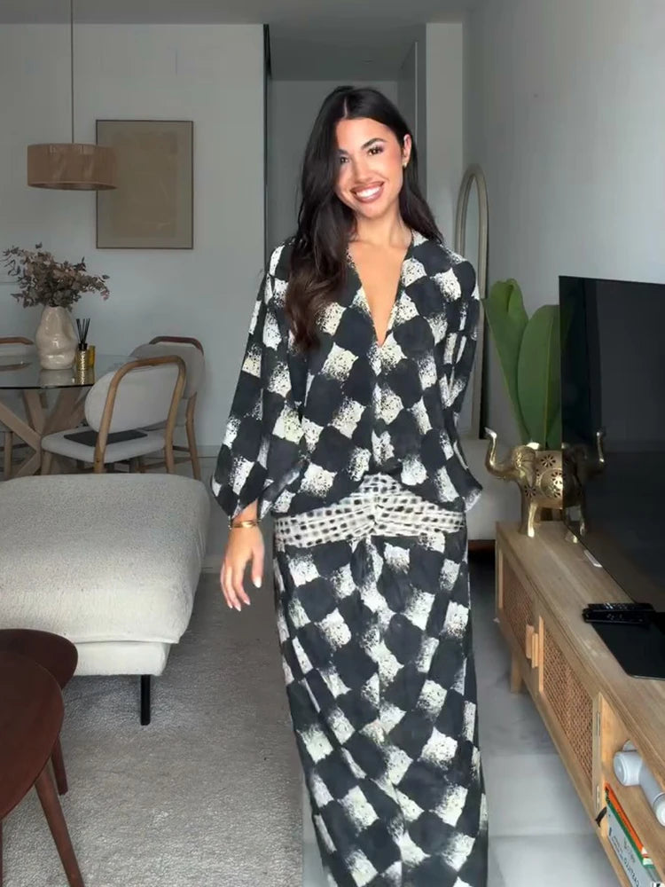 Women's Plaid Batwing Sleeve Maxi Dress