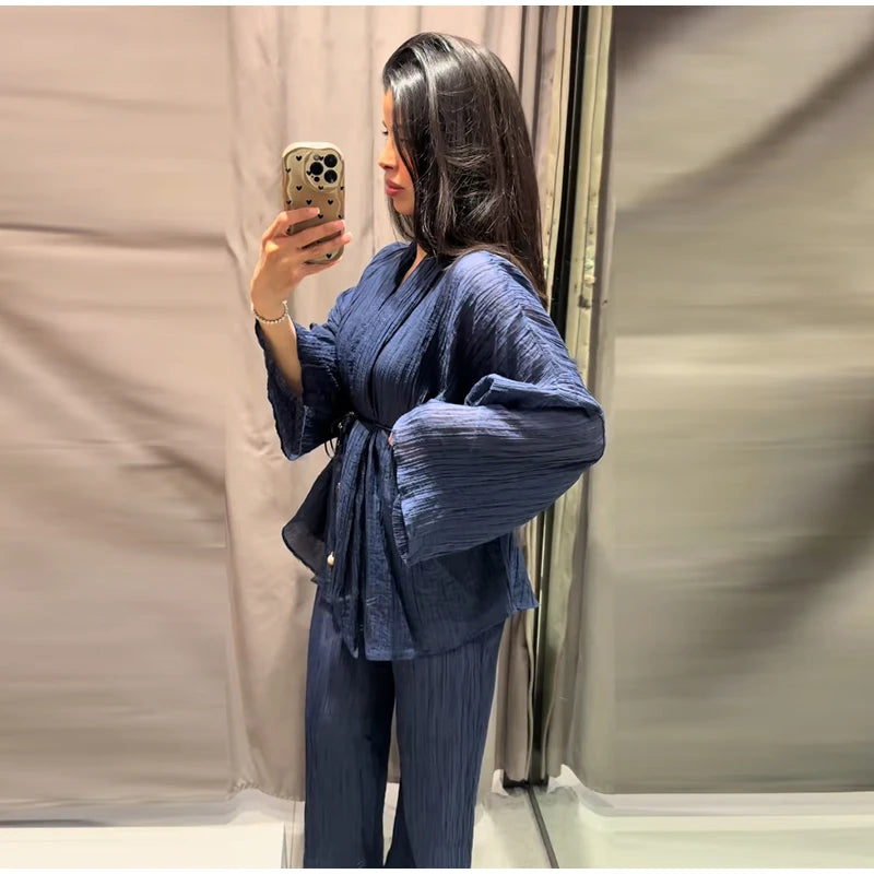 Casual Pleated Cardigan Pants Set V-neck Drop Shoulder Flared Sleeves Belt Waist Shirt Wide Leg Pants 2026 Chic Lightweight Sets