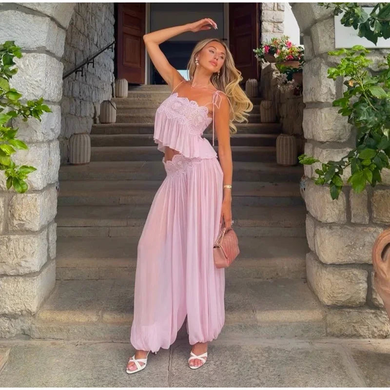 Beach Floral Lace Hollow Out Women Pants Sets 2 Pieces Adjustable Tie Backless Tops Loose Pleated Lantern Pant Summer New Suits