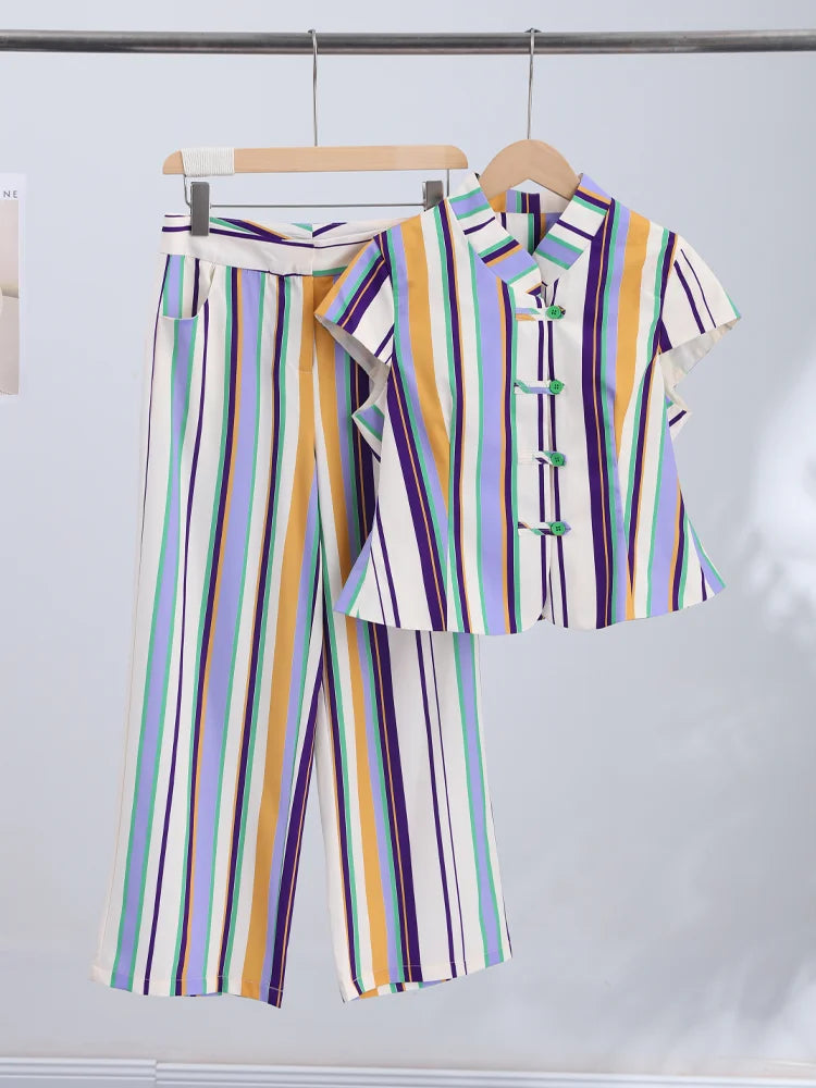 Women's Matching Sets Color Stripe Mandarin Collar Crop Top Straight Pants Set Vintage Blouse Casual Vacation Outfit Summer Suit