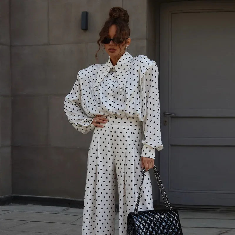 Women's Dot Shirt and Wide Leg Pants Set