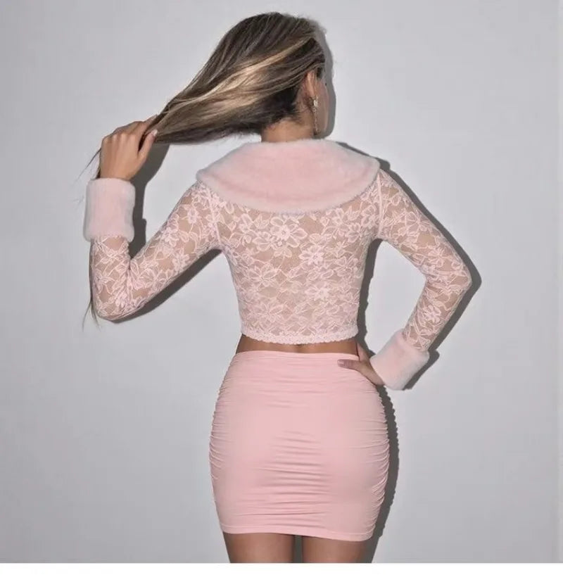 Women's Y2K Furry Crop Top and Mini Skirt Set