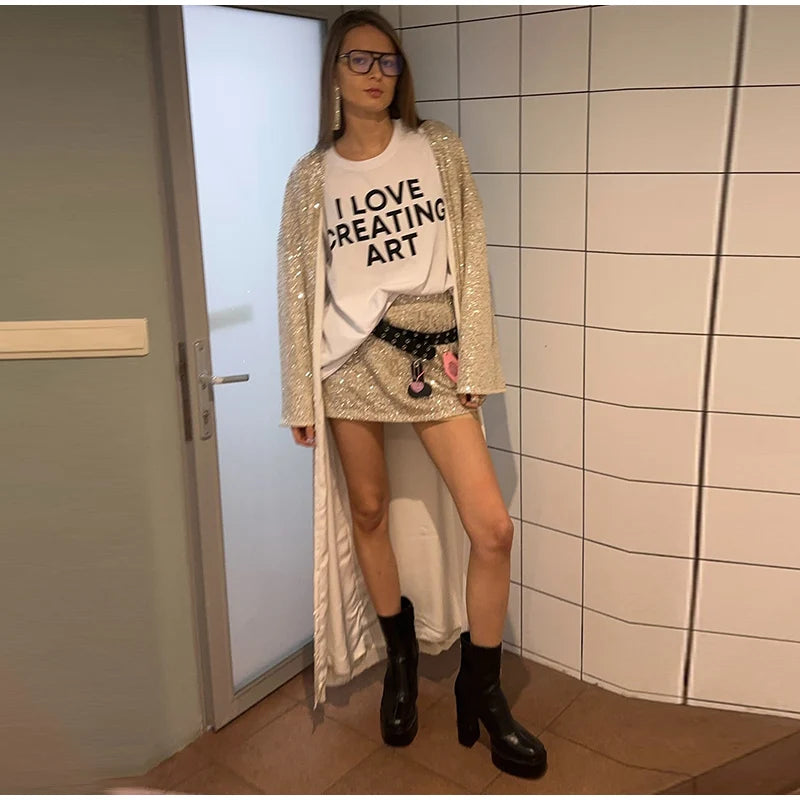 2026 Autumn Sequined Women Long Jacket Urban Full Sleeve Lining Pleated V-neck Cardigan Female Streetwear Fashion Lady Outwear