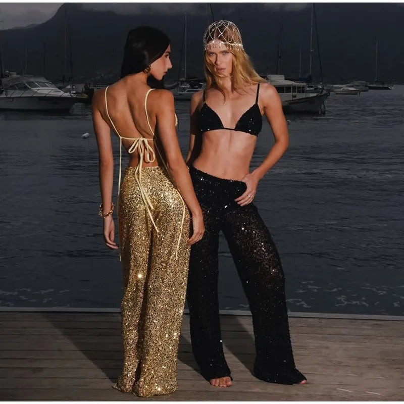 Women's Sequin Halter Top and Wide Leg Pants Set