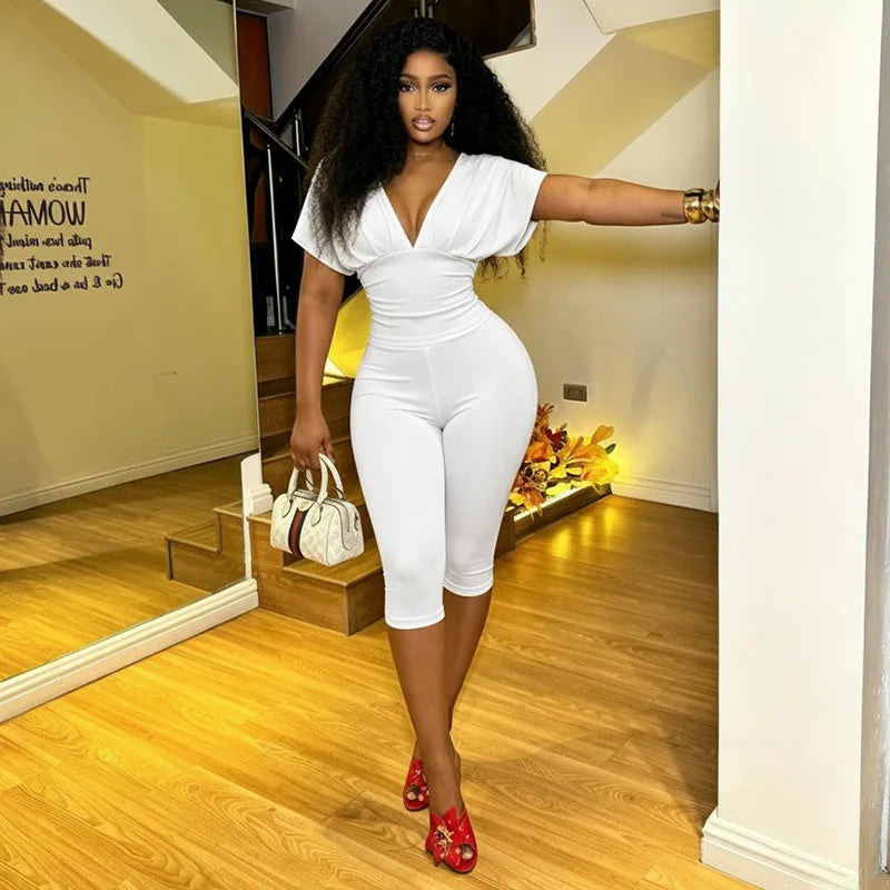 Joskaa Casual Solid 2 Piece Sets Women Sexy V-Neck Ruched Half Sleeve Top and Tight Cropped Pants Matching Tracksuits Streetwear