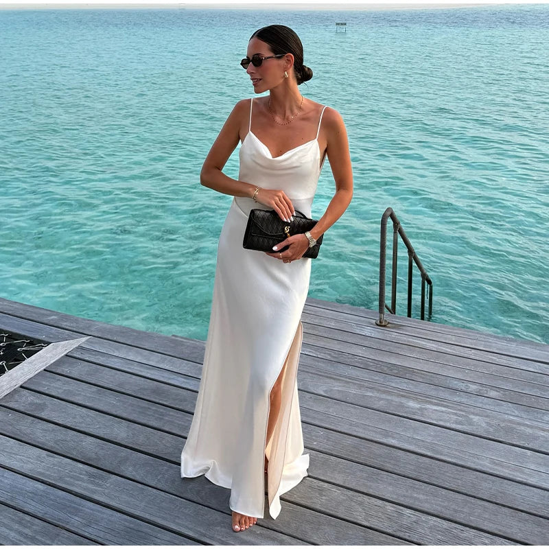 Women's Backless Satin V-Neck Sling Sundress