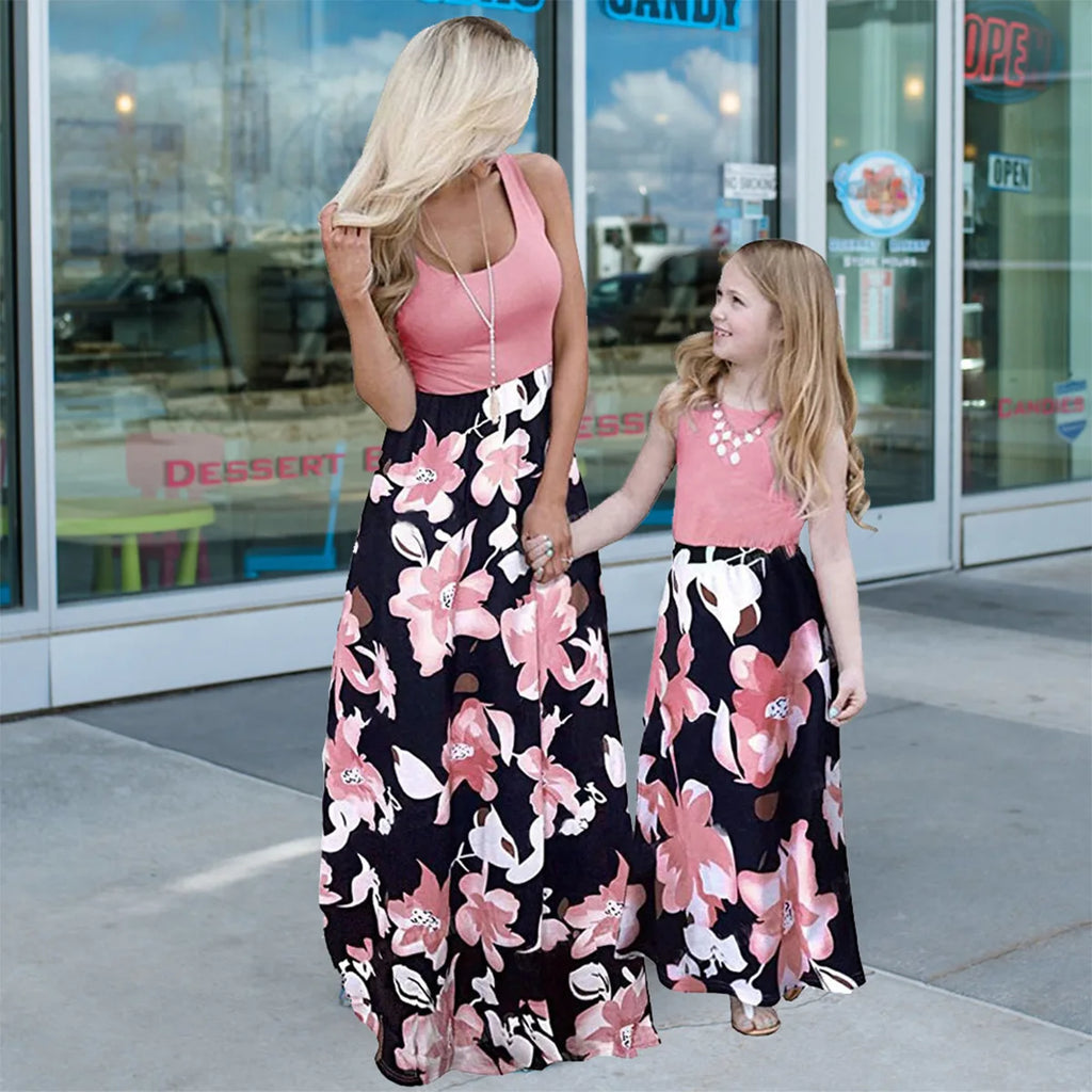 Clothing Europe United States parent-child color matching dress color flower print extreme-bottom short-sleeved skirt floral