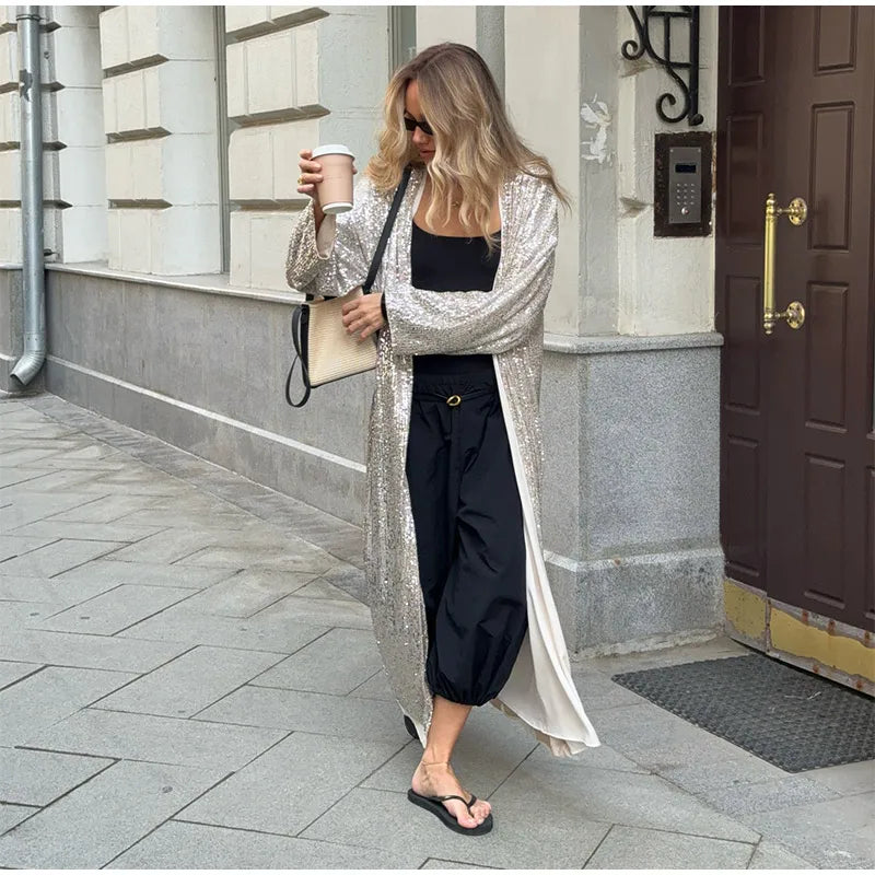 2026 Autumn Sequined Women Long Jacket Urban Full Sleeve Lining Pleated V-neck Cardigan Female Streetwear Fashion Lady Outwear