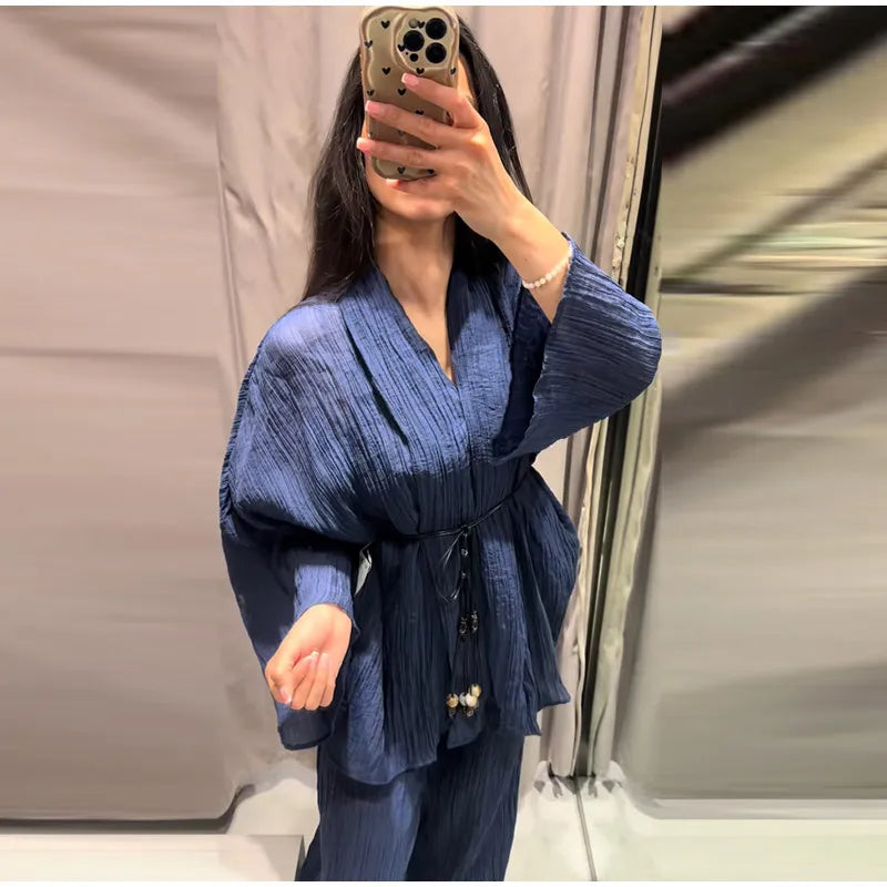 Casual Pleated Cardigan Pants Set V-neck Drop Shoulder Flared Sleeves Belt Waist Shirt Wide Leg Pants 2026 Chic Lightweight Sets