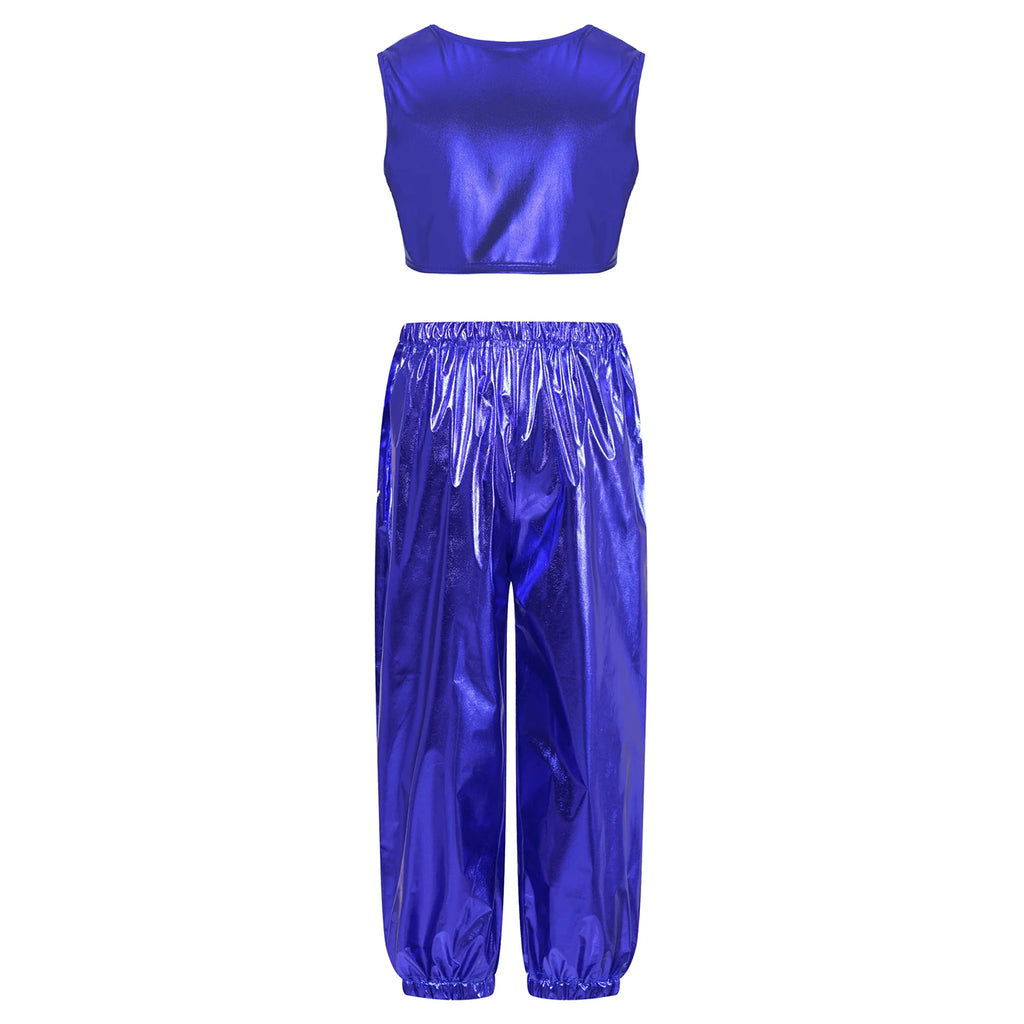 Kids Girls Boys Fashion Clothes Set Metallic Shiny T-shirt with Pants Suit for Jazz Hip Hop Street Dance Performance Costume