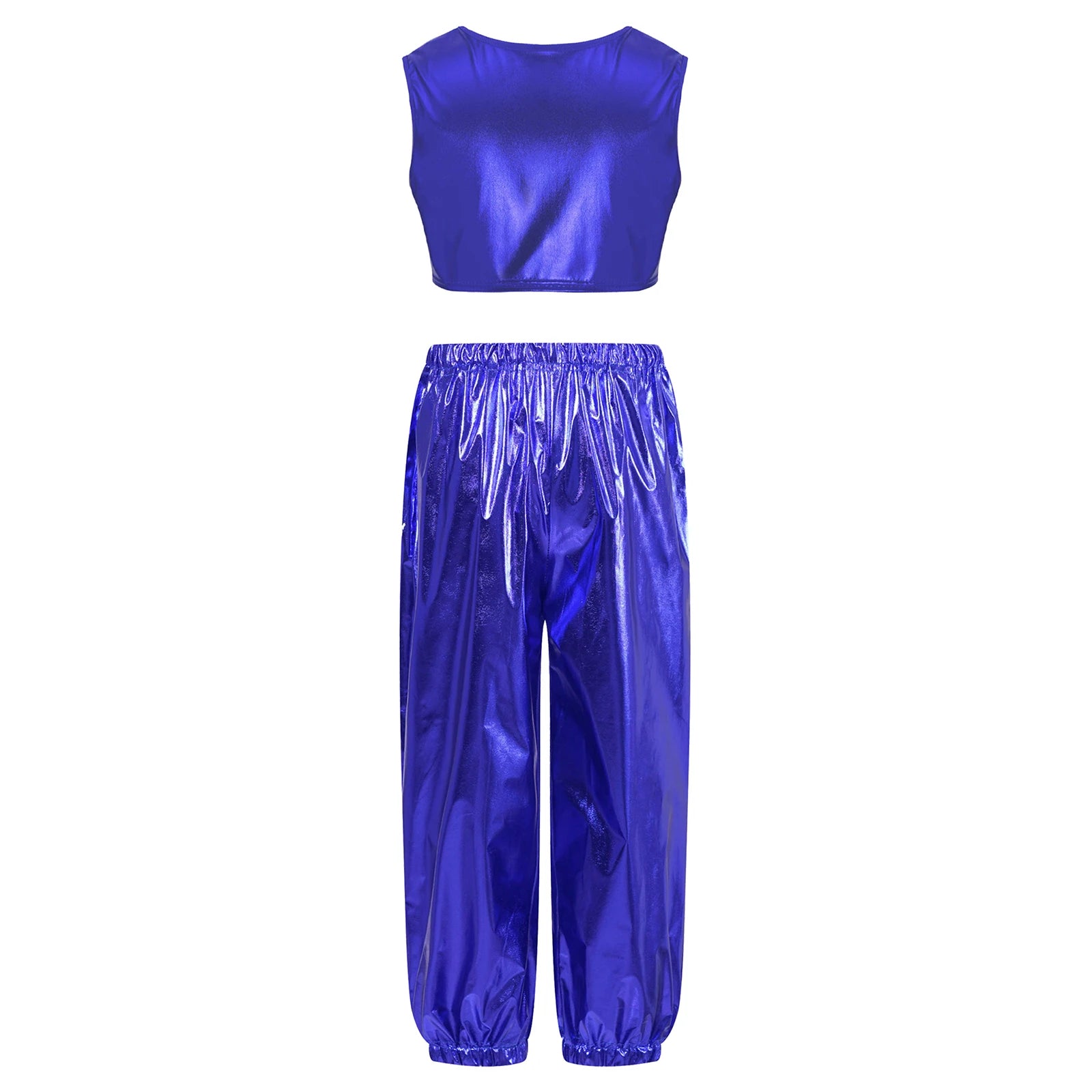 Kids Girls Boys Fashion Clothes Set Metallic Shiny T-shirt with Pants Suit for Jazz Hip Hop Street Dance Performance Costume